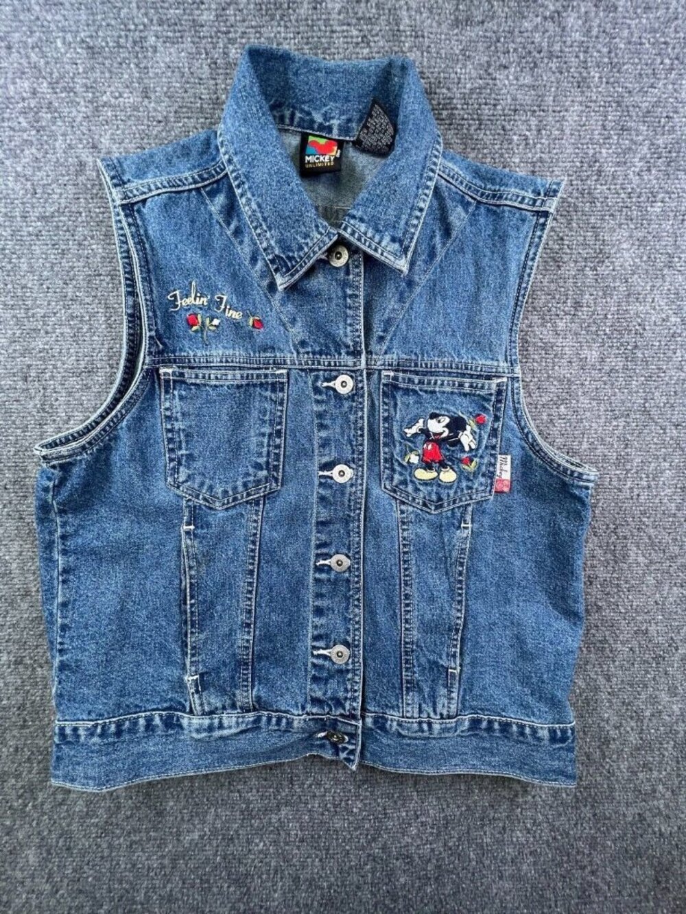 Mickey Unlimited Denim Vest Women's Medium Vintage Disney Trucker Indigo Blue